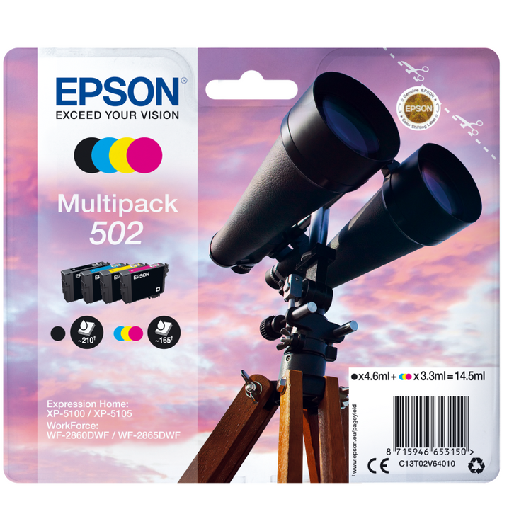 Epson Druckerpatrone C13T02V64010 Fernglas CMYK MultiPack - Original Tintenpatronen Schwarz Cyan Magenta Gelb