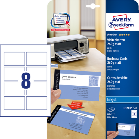 AVERY Zweckform C32015-10 Premium Visitenkarten - 80 Karten, 85x54 mm, matt beschichtet