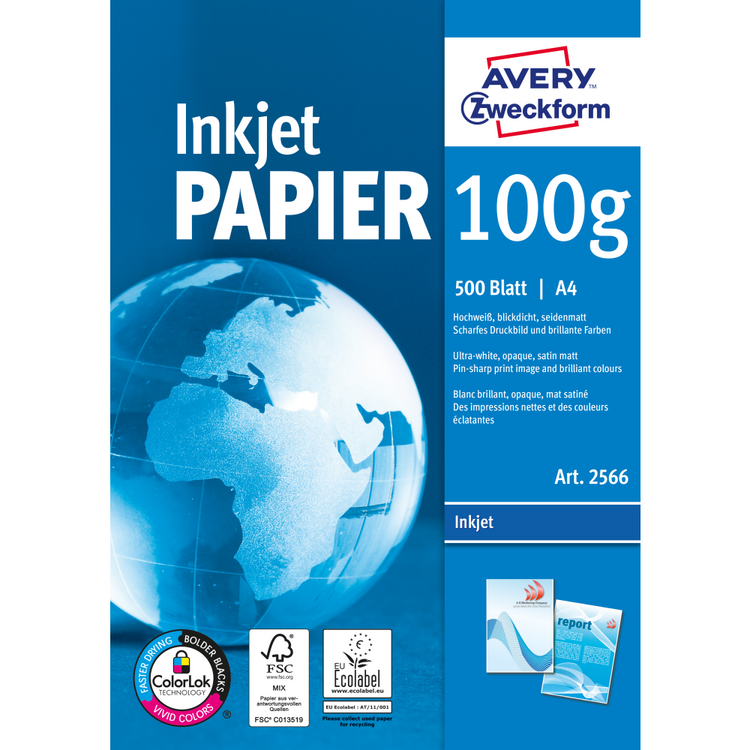 AVERY Zweckform Druckerpapier 2566 – 100 g/m², A4, Inkjet-Drucker, 500 Blatt/Packung