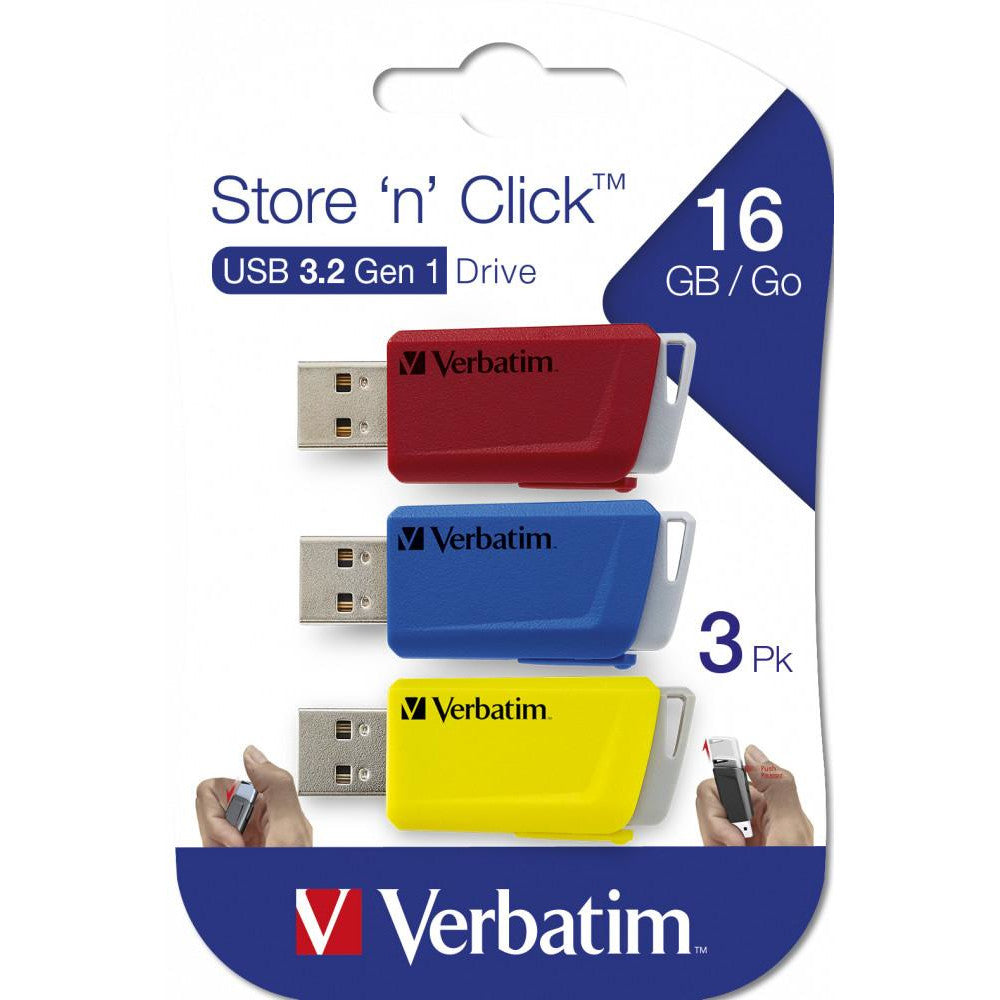 Verbatim Store 'n' Click USB 3.2 Gen 1 16GB 3er Pack Rot/Blau/Gelb