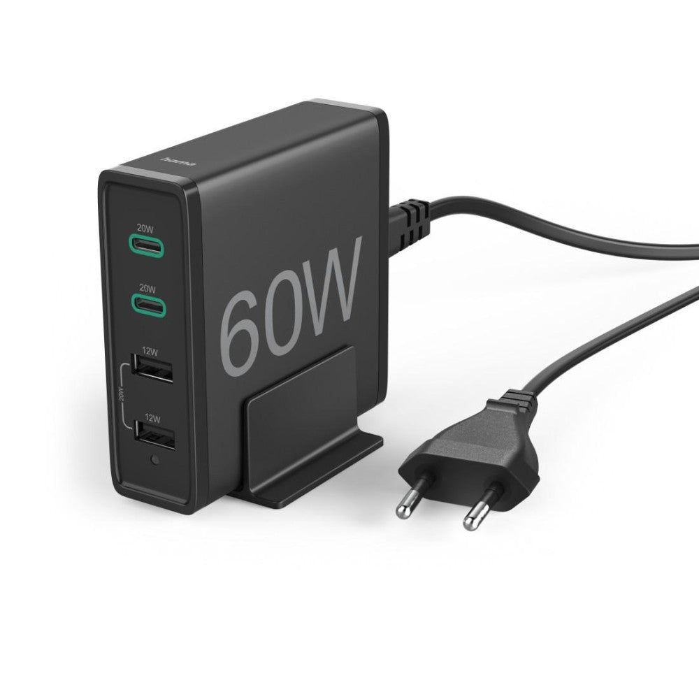 HAMA Ladestation 60 Watt | 4-fach (2x PD/QC USB-C, 2x USB-A) | Schwarz - Power-Delivery und QC-Unterstützung