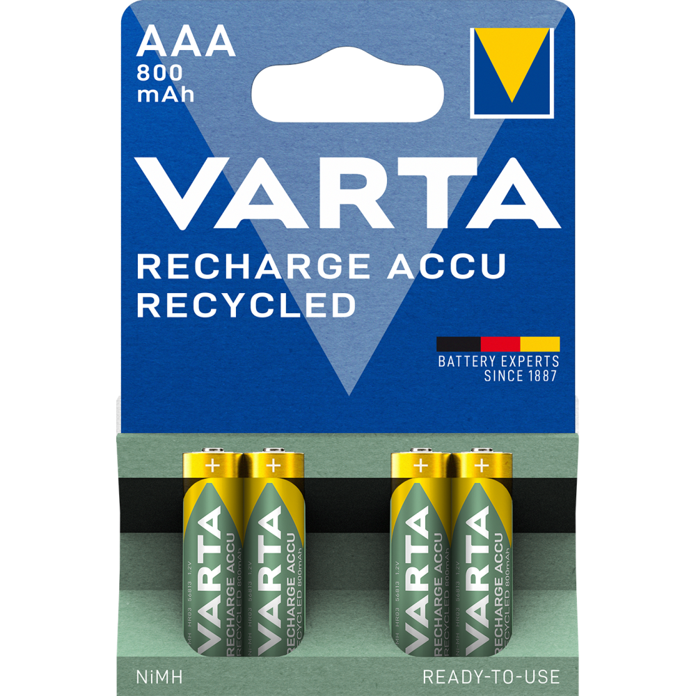 VARTA RECHARGE ACCU Recycled AAA Akku – 4er Blister, 800mAh, 1,2V