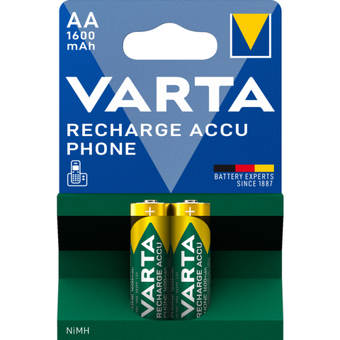 VARTA RECHARGE ACCU Phone AA, 1600mAh 2er Blister - Hochkapazitäts-Akku für Schnurlostelefone