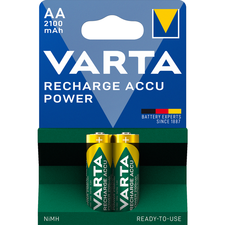 VARTA RECHARGE ACCU Power AA: Wiederaufladbarer 2er Blister-Akku - „Ready to Use“ für Funkmäuse, GPS und mehr