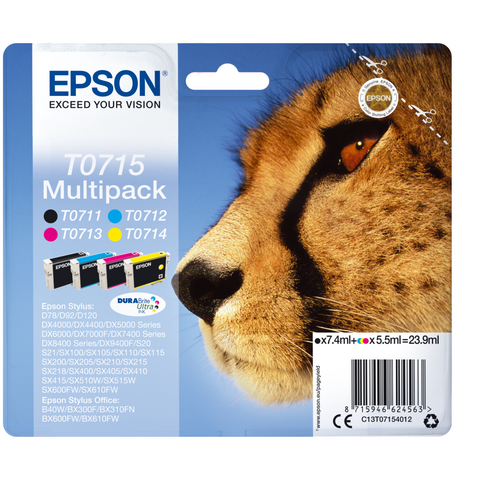 Epson Druckerpatrone C13T07154012 Gepard 4 Farben - Original Tinte für lebendige Drucke