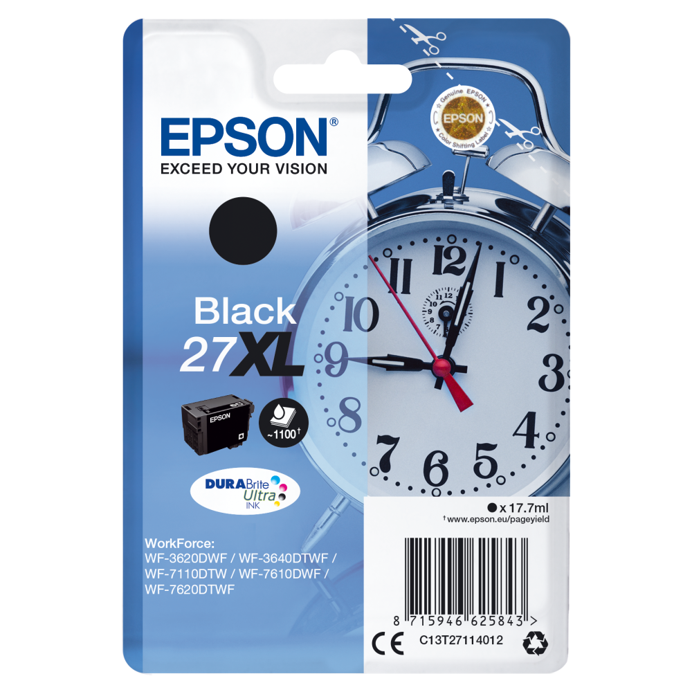 Epson Druckerpatrone C13T27114012 Wecker XL schwarz - Original Tintenpatrone mit hoher Druckleistung