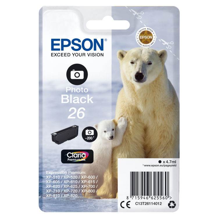 Epson Druckerpatrone C13T26114012 Eisbär schwarz (Foto) - Original Tintenpatrone mit 4,7 ml für professionelle Druckergebnisse