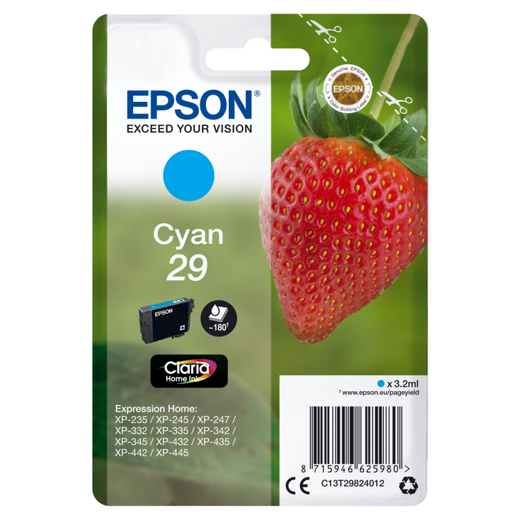 Epson Druckerpatrone C13T29844012 Erdbeere cyan - Farbe: Cyan, Inhalt: 3,2 ml, 180 Seiten Druckleistung