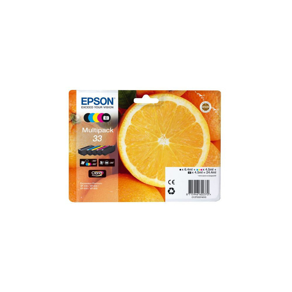 Epson Druckerpatrone C13T33374011 Orange MultiPack C/M/Y/BK - Original Tintenpatrone, 4,5ml Volumen, Foto Schwarz, Schwarz, Cyan, Magenta, Gelb, Druckleistung bis zu 300 Seiten